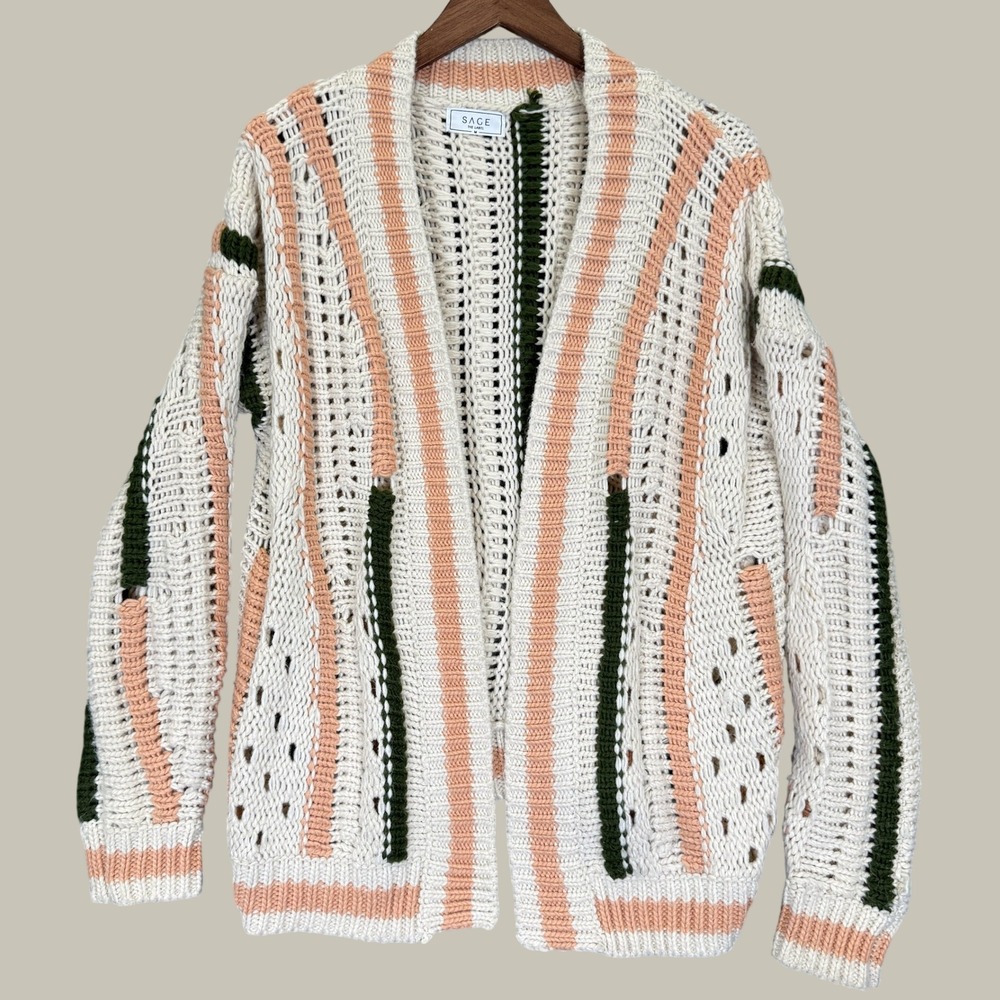 Sage The Label Cardigan Women M Cream Striped Open Front Chunky Knit Crochet Top